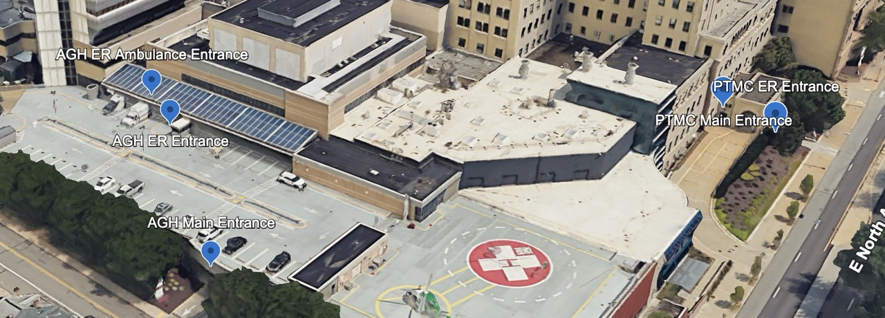 Arial imagery showing the different locations of PTMC and AGH entrances