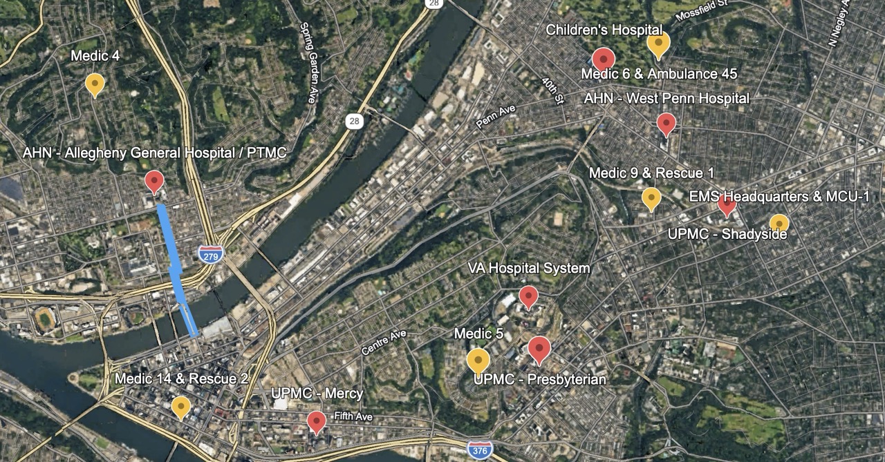 Map showing locations of ERs and Pittsburgh EMS bases