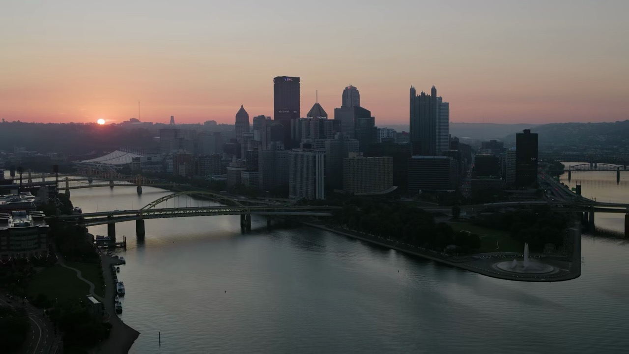 Arial view of downtown Pittsburgh, looking east in the morning