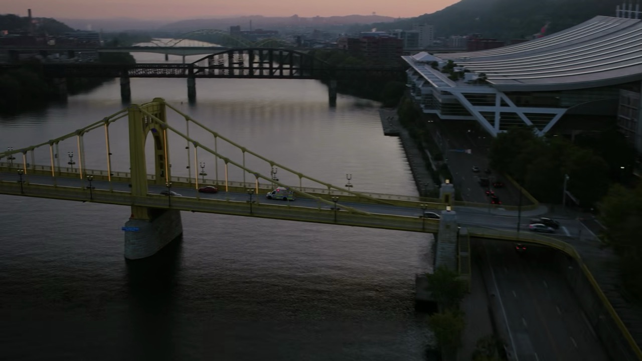 Arial view of Ambulance 45 crossing the Rachel Carson Bridge