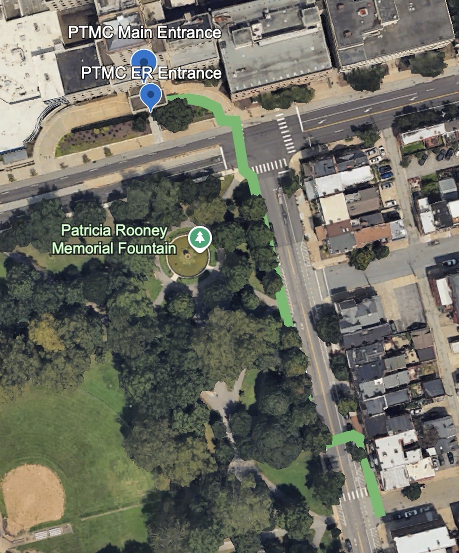 Map of Robby's path down Cedar Ave towards PTMC main entrance